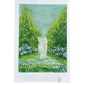 Cottagecore Wall Art Print Forest Flowers Waterfall Green Blue Textured 7" x 5"
